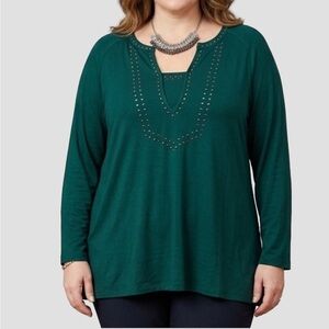 😍SHOW SPECIAL CABLE & GAUGE Green V Neck Studded Neckline size XL